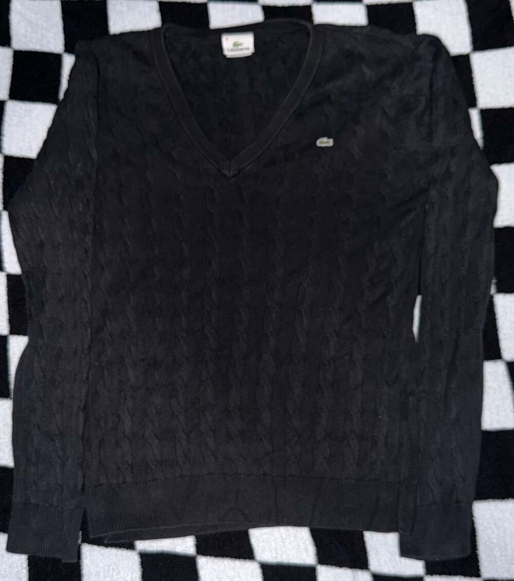 Lacoste Black V-Neck Cable Knit Cotton Sweater
